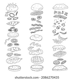 Set of food ingredients for burger and sandwich. Schemes for fast food with vegetables, bread and sauce, doodle cartoon vector illustration isolated on white background.