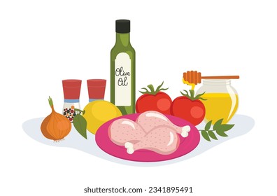 Set of food ingredients for cooking dishes with meat and vegetables. Vector graphic.
