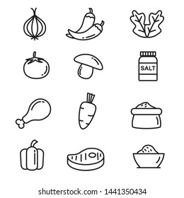 Set of food ingredients vector illustration with simple line design such as tomato, onion, chili, vegetable, etc suitable for icon or doodle 