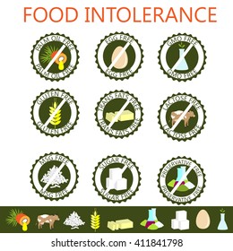 Set of Food Intolerance Signs. Food that could be unhealthy for human being.

