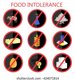 Set of Food Intolerance Signs. Food that could be unhealthy for human being.