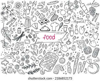 Set of food isolated on white background. Doodle. Vector illustration. Perfect for food menu design template.