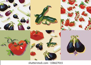 Set of food items: eggplants, marrows and tomatoes