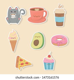 set of food kawaii characters