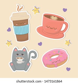 set of food kawaii characters
