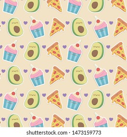 set of food kawaii characters pattern