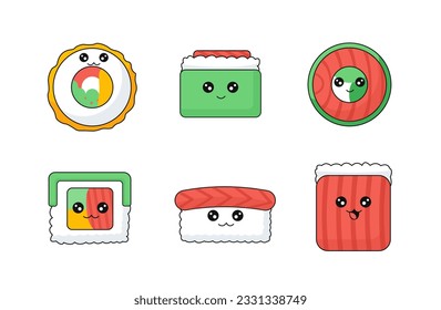 Set of food in kawaii style. Dessert and delicacy. Traditional oriental and asian cuisine. Fast and junk food. Poster or banner for website. Linear flat vector collection isolated on white background