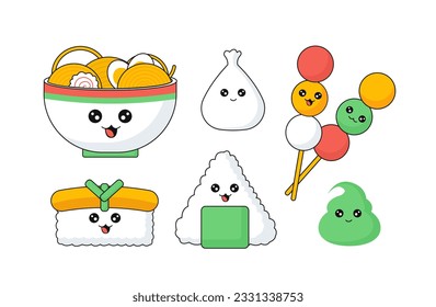 Set of food in kawaii style. Dessert and delicacy, colorful candy and caramel on sticks. Fast and junk food. Social media stickers. Linear flat vector collection isolated on white background