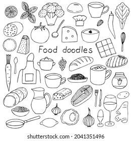 Set of food and kitchen accessories, vector illustration hand drawing doodles