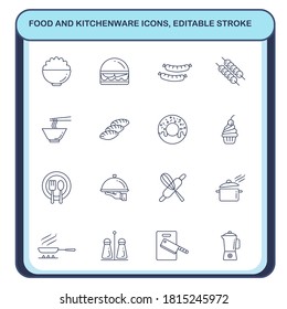 Set of food and kitchenware outline icon.Sign and symbols of main course.Editable stroke.Concept simple line vector to use of cafe and canteen.People sitting in restaurant eating food.Vector line.