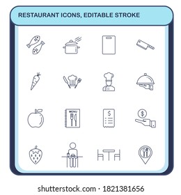 Set of food and kitchenware outline icon.Sign and symbols of main course.Editable stroke.Concept simple line vector to use of cafe and canteen.People sitting in restaurant eating food.Vector line.