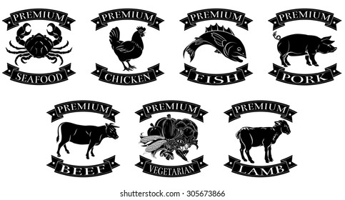 A Set Of Food Label Illustrations For Seafood Beef Chicken Fish Pork Lamb And Vegetarian Food Groups Reading Premium