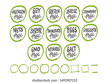 Set of food labels - allergens, GMO free products.  Hand drawn lettering phrase isolated on white background. Vector illustration