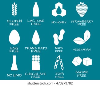 Set of food labels - allergens, GMO free products. Food intolerance symbols collection. Vector illustration.