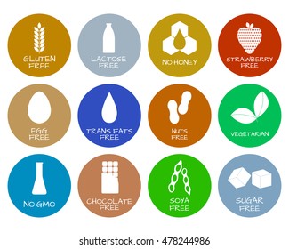 Set of food labels - allergens, GMO free products. Food intolerance symbols collection. Vector illustration.