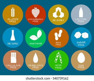 Set of food labels - allergens, GMO free products. Food intolerance symbols collection. Vector illustration.
