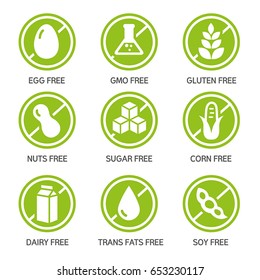 Set of food labels - allergens, GMO free products.