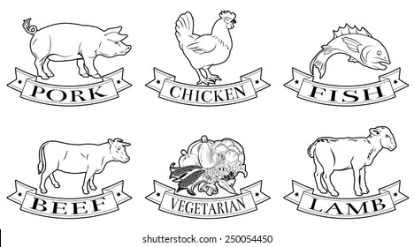 A Set Of Food Labels, Icons Or Menu Illustrations For Beef Chicken Fish Pork Lamb And Vegetarian Options