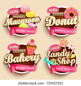Set of Food Labels or Stickers - macaroon, donut, bakery, candy shop - Design Template. Vector illustration.