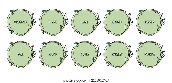 Set of food labels, stickers. Spices labels with different names and floral frame. For labeling kitchen containers and foodstuffs. Vector