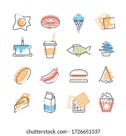 Set of food line and color flat icons. 