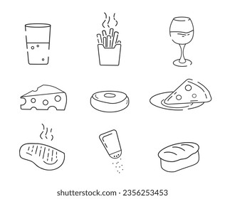 Set of food line icons. Cheese and meat. Glass of wine and donut with pizza. Dessert and delicacy. Template, layout and mock up .Linear flat vector collection isolated on white background