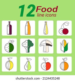 Set food line icons. A web-based set of vector icons of nutrition, healthy eating and diet. Fruits, vegetables, berries, drinks.