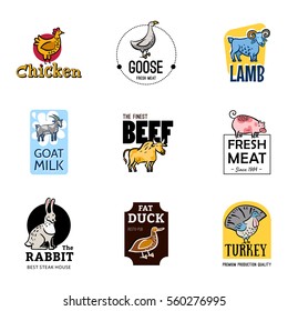 Set of food logos with goat milk and poultry beef pork lamb and rabbit isolated vector illustration