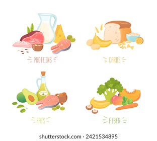 Set of food macronutrients vector illustration. Protein, carbohydrate, fat, fiber in different products. Four categories of food. Nutrient complex diet of organic natural products. Healthy lifestyle.