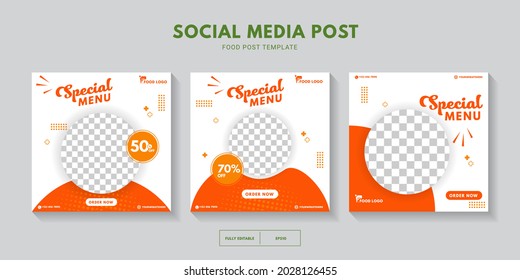 Cartel del menú de comida en redes sociales. Plantillas de medios sociales editables para promociones en el menú Comida. Conjunto de artículos en medios sociales y marcos de publicaciones. Diseño de diseño para marketing en medios sociales.