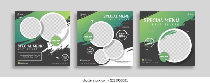 set of food menu creative social media post banner template. easy use for promotions your product with black and brown background.