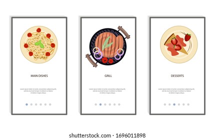 Set of food menu mobile app. Order food online, booking and home delivery service. Flat Art Vector Illustration