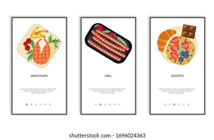 Set of food menu mobile app. Order food online, booking and home delivery service. Flat Art Vector Illustration