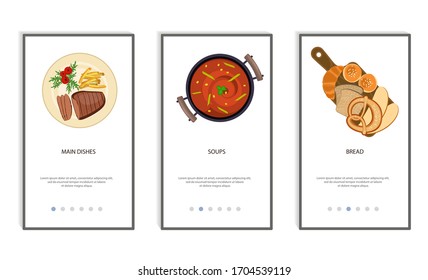 Set of food menu mobile app. Order food online, booking and home delivery service. Flat Art Vector Illustration