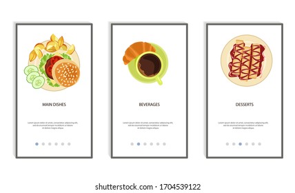 Set of food menu mobile app. Order food online, booking and home delivery service. Flat Art Vector Illustration