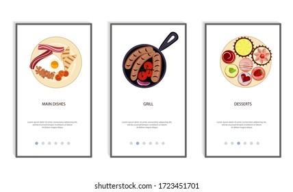 Set of food menu mobile app. Order food online, booking and home delivery service. Flat Art Vector Illustration