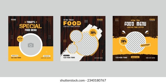 Juego de plantillas de banner cuadrado con temas de menú de comida. publicación en medios sociales. anuncios web, anuncios en medios sociales y afiches de menús de comida. Puesto de vector