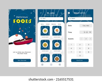 Set Of Food Mobile App UI, UX, GUI Screens Including Get Started, Reservation Template For Advertising.