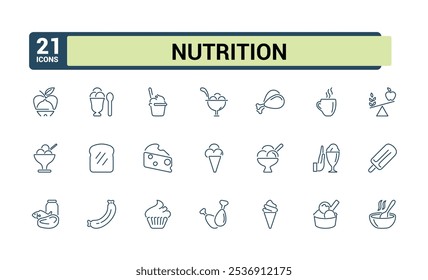 Set of Food and nutrition line icons. Related to trans fat, slim, nutrition, vegetarian, weig, salad, microflora and more. Modern thin icons. Editable stroke.