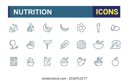 Set of Food and nutrition line icons. Related to trans fat, slim, nutrition, vegetarian, weig, salad, microflora and more. Modern thin icons. Editable stroke.