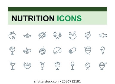 Set of Food and nutrition line icons. Related to trans fat, slim, nutrition, vegetarian, weig, salad, microflora and more. Modern thin icons. Editable stroke.