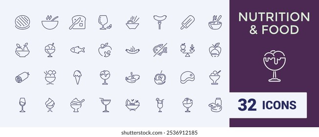 Set of Food and nutrition line icons. Related to trans fat, slim, nutrition, vegetarian, weig, salad, microflora and more. Modern thin icons. Editable stroke.