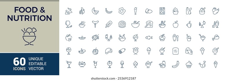 Set of Food and nutrition line icons. Related to trans fat, slim, nutrition, vegetarian, weig, salad, microflora and more. Modern thin icons. Editable stroke.