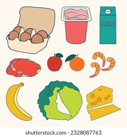 Set of Food and Nutrition Simple Flat Line Illustration