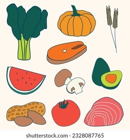 Set of Food and Nutrition Simple Flat Line Illustration