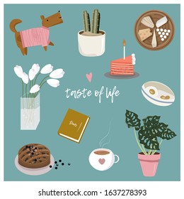 Set with food and objects about the love of life