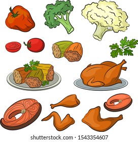 Set of Food Objects, Finished and Ingredients, Fried Chicken, Vegetables, Stuffed Peppers, Greens, Fish and More, Isolated on White Background. Vector