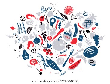 Set of food objects: sea food, vegetables and fruits. Healthy lifestyle eating. Farmers market. Blue and red