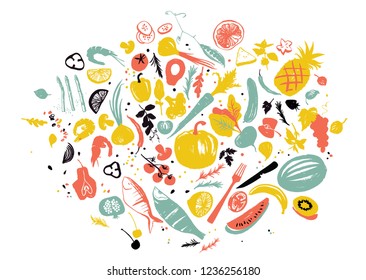 Set of food objects: sea food, vegetables and fruits. Healthy lifestyle eating. Farmers market. Blue, red and yellow