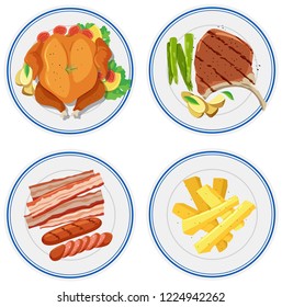 Set of food on plate illustration